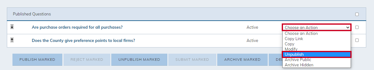 choose an action, unpublish