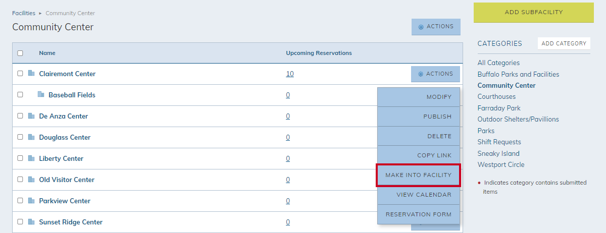 subfacility actions menu, make into facility