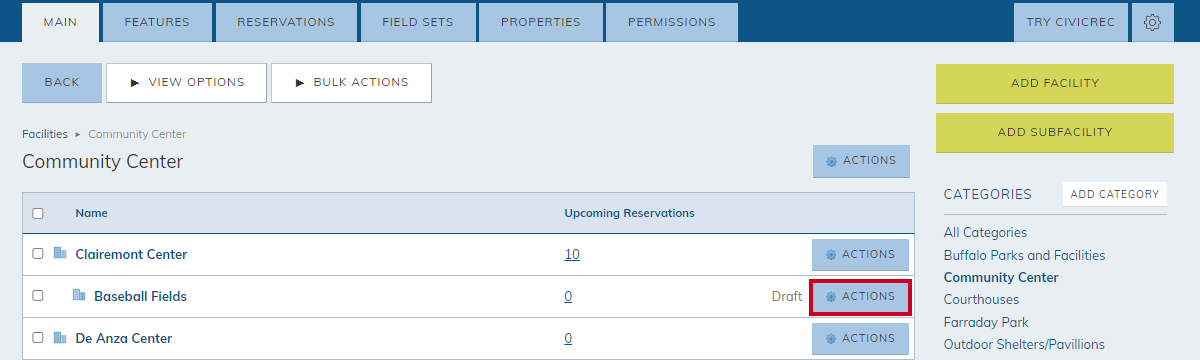 Sub-facility actions button.