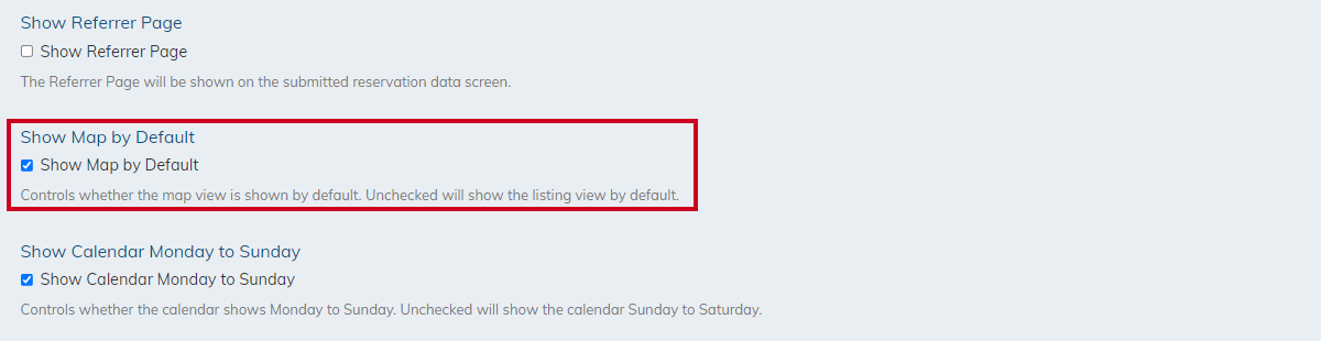 Show map by default checkbox.