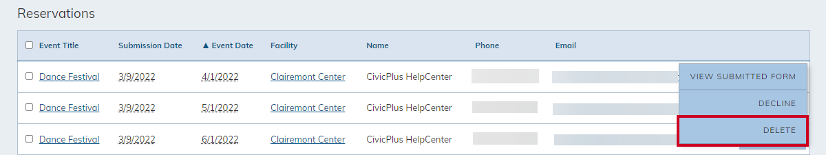 reservations actions menu, delete