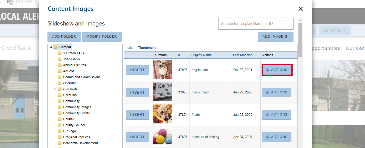 An image's Actions button opens a menu of options that can be selected to update the image.