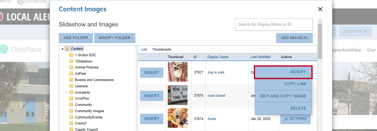 The Action menu's Modify option allows the user to edit an image as needed.