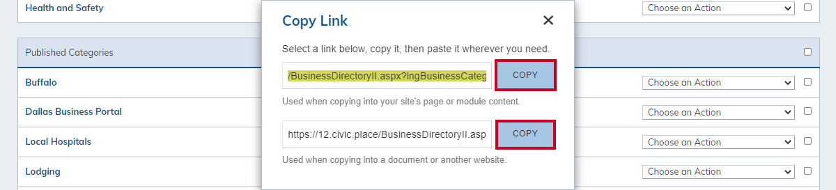 copy link pop-up, copy buttons