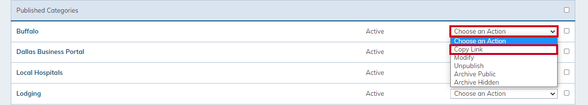 Choose an action drop-down menu, copy link.