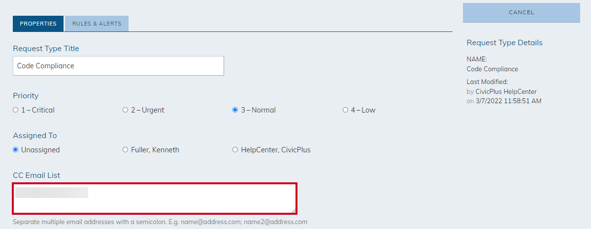 CC email list text box