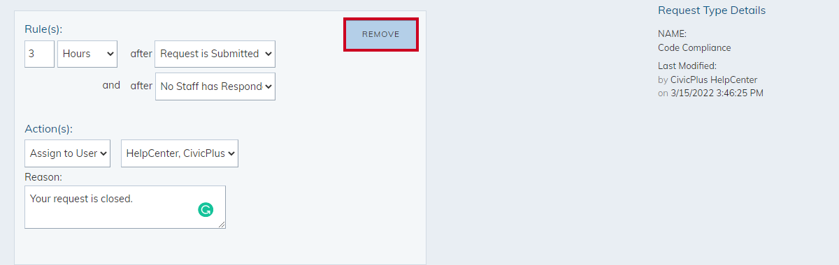 remove rules and actions button