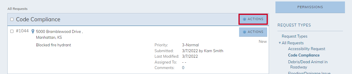 request type actions button