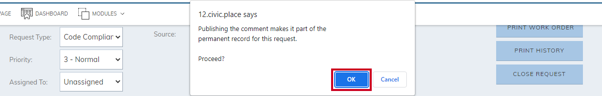 confirm publish pop-up, okay button