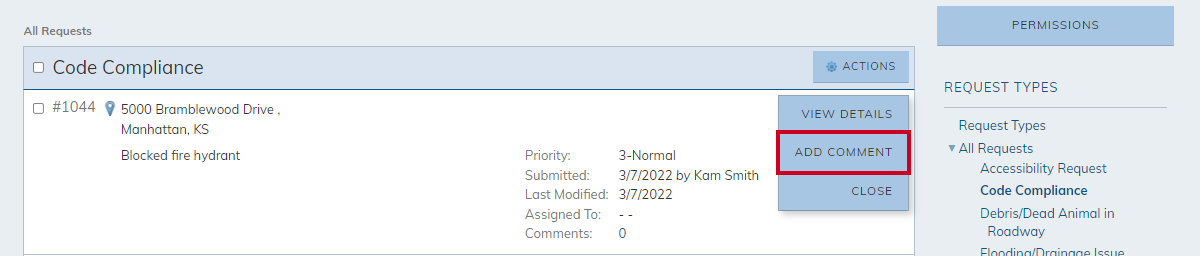 request actions menu, add comment