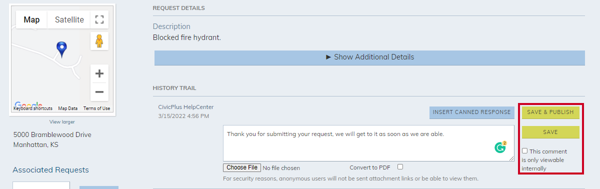 save and publish or save; this comment is only viewable internally checkbox