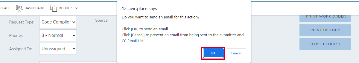 send email confirmation pop-up, okay button