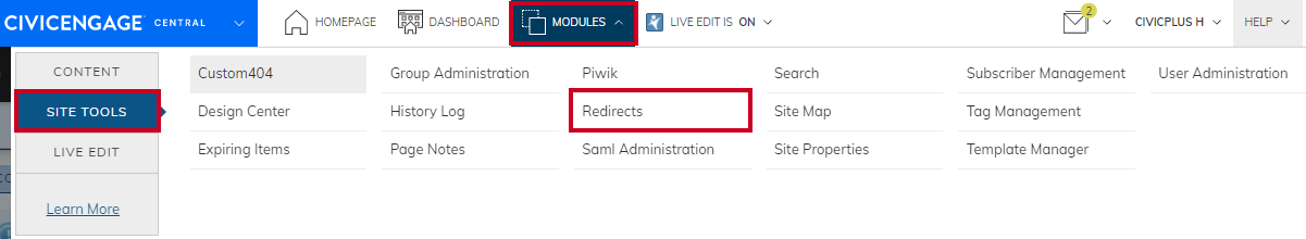 navigate to the redirects site tool