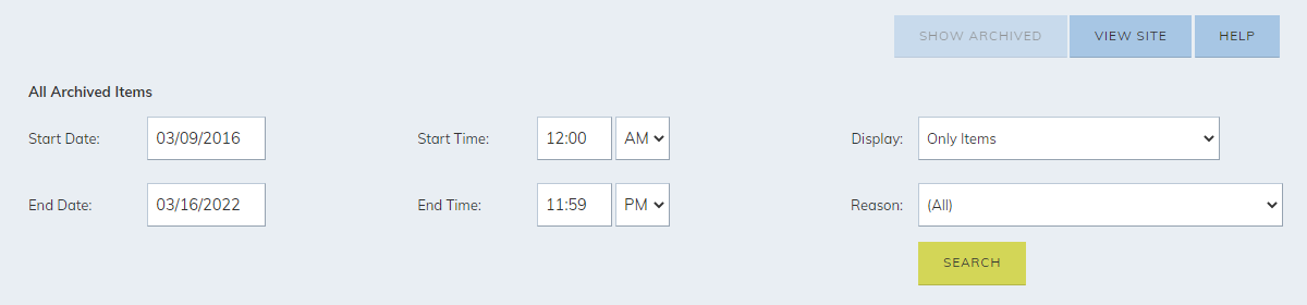 Archive filter options.