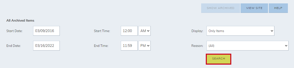 Archive filters search button.