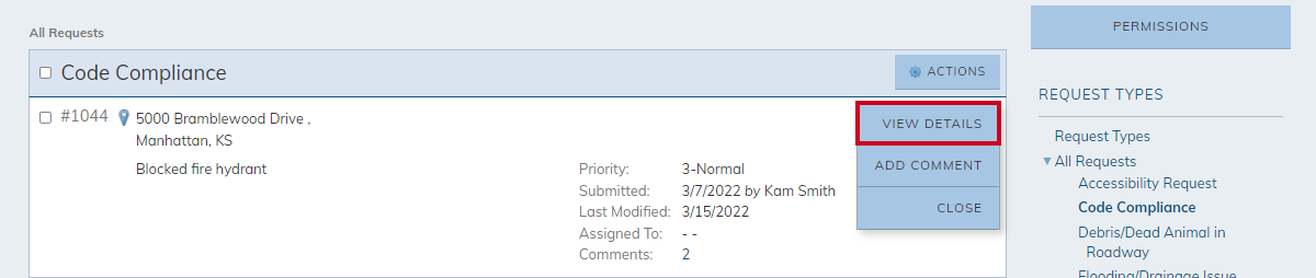 request actions menu, view details