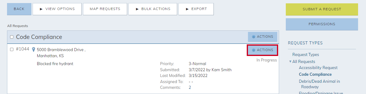 request actions button