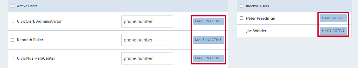 make inactive or make active buttons