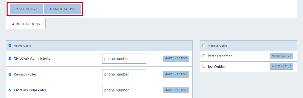 bulk actions menu, make active or make inactive buttons