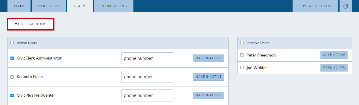 bulk actions menu