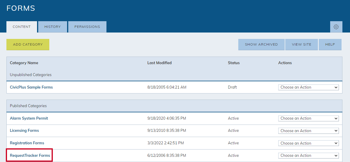 select the RequestTracker forms category
