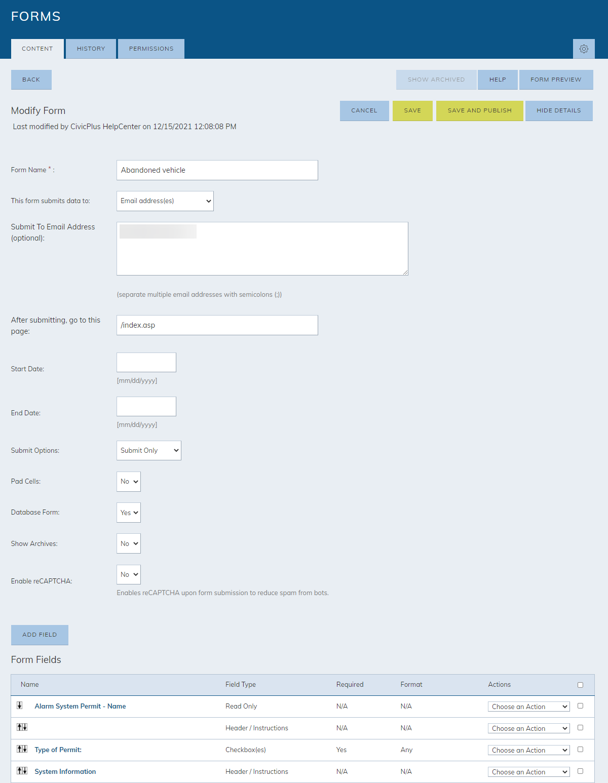 form field options