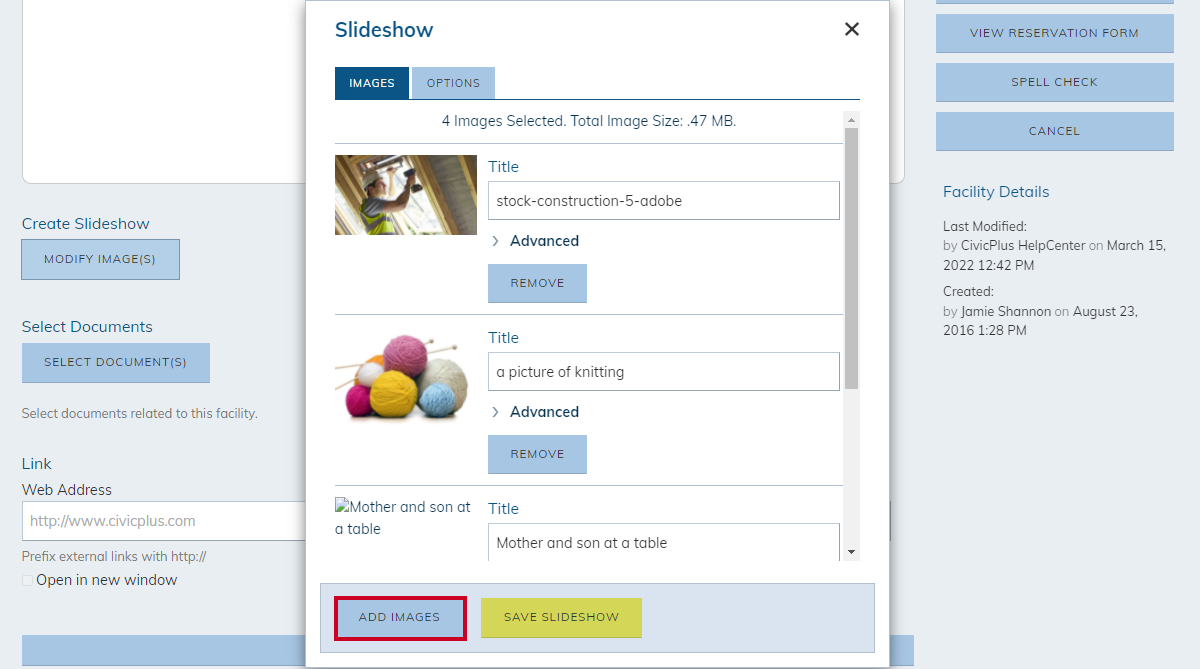 slideshow pop-up window, add images button