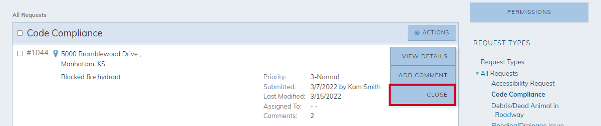 request actions menu, close