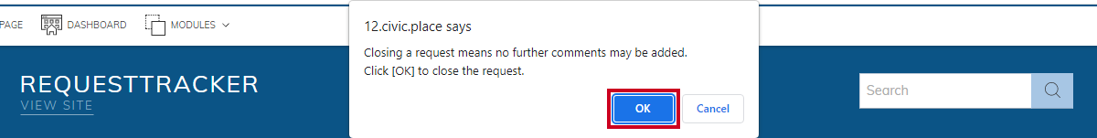 confirm close request pop-up, okay button