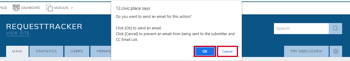 send an email pop-up, okay or cancel buttons