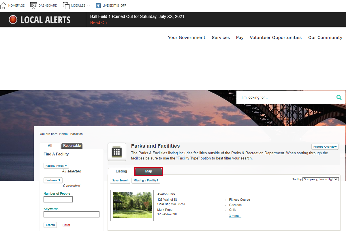 View the map tab on the Parks and Recreation page.