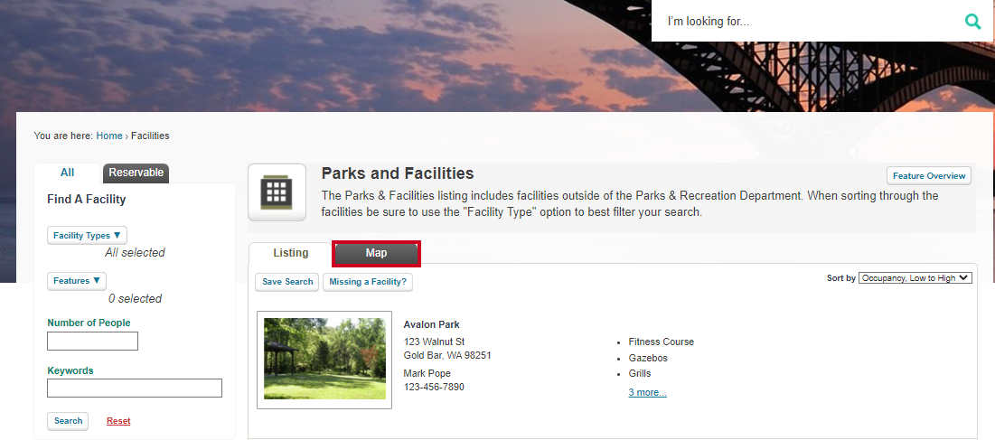 View the map tab on the Parks and Recreation page.