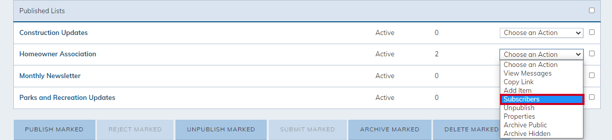 New category choose an action drop-down menu subscribers.