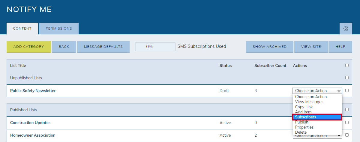 Choose an action drop-down menu for a News Flash category.