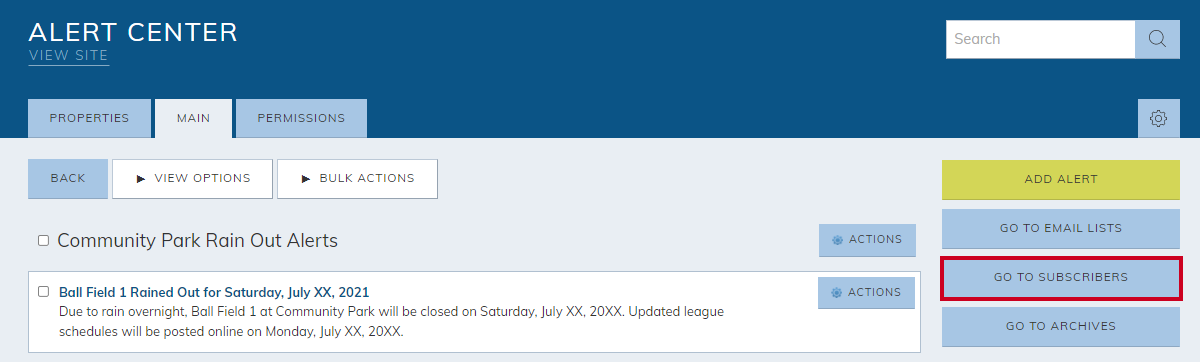 Alert center's go to subscribers button.