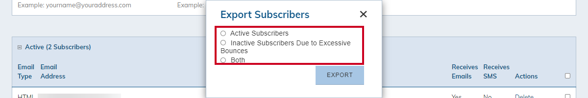Export subscribers pop-up window's options.