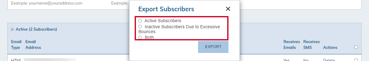export subscribers pop-up window's options.