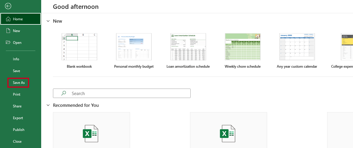 Microsoft Excel's file menu save as option.