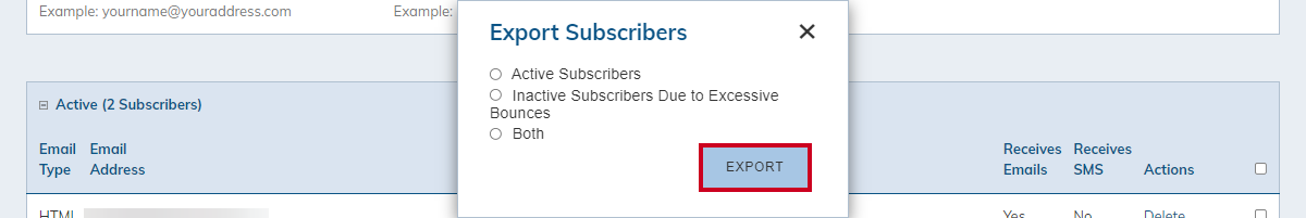 Export subscribers pop-up window's export button.