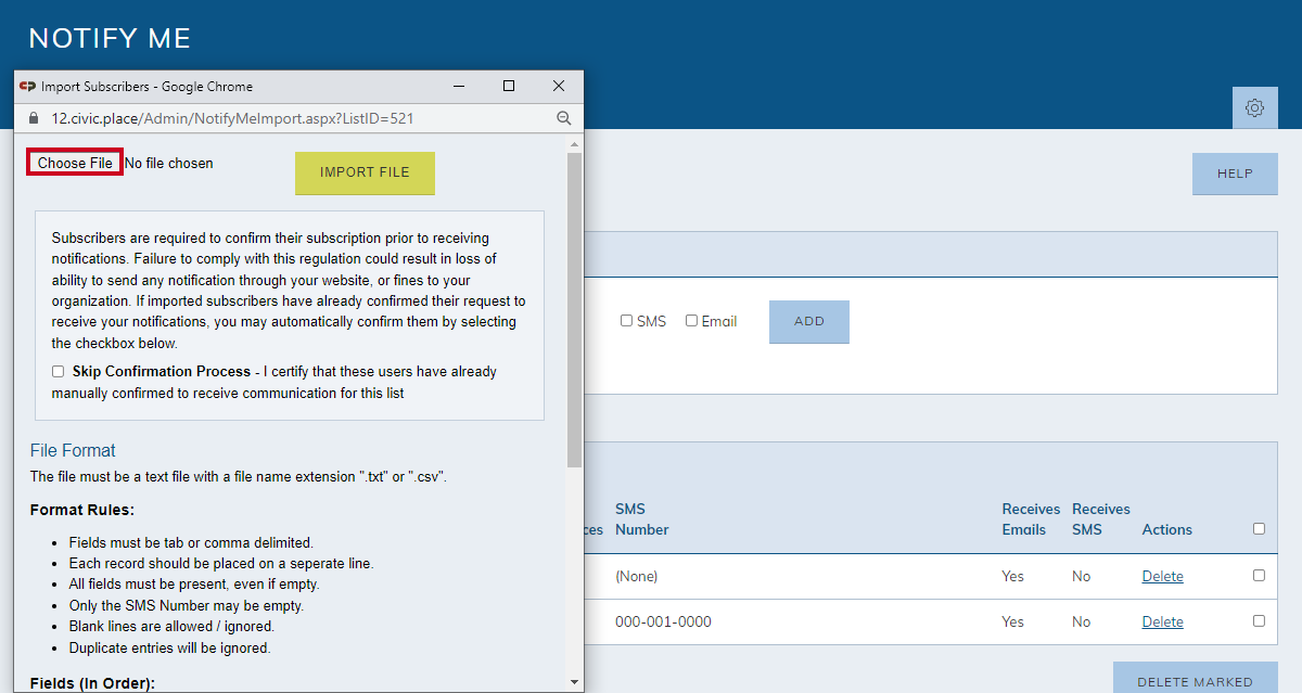 Import subscribers pop-up window choose file button.