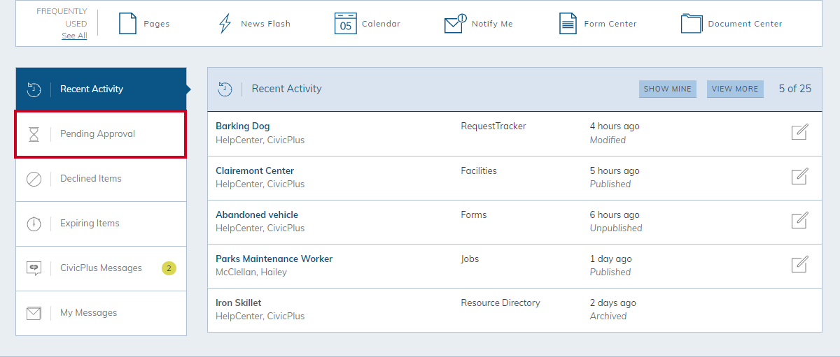 Dashboard pending approval tab.