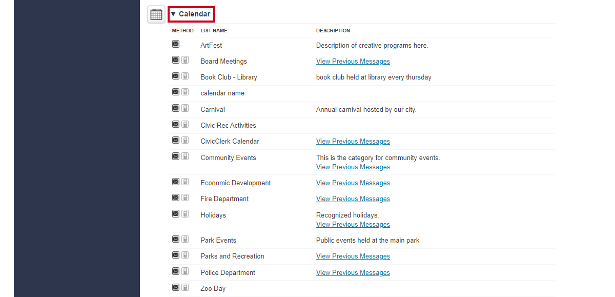 calendar module, notify me section