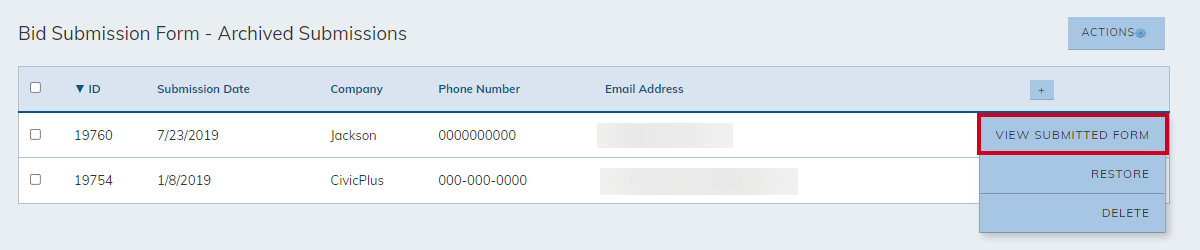archived submission, actions menu, view submitted form