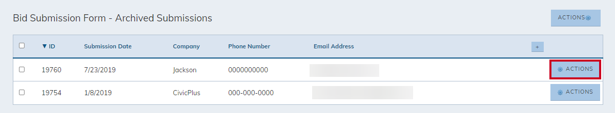 archived submission, actions button