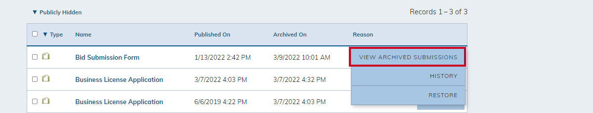 actions menu, view archived submissions