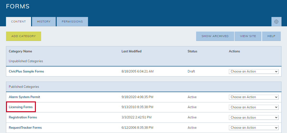 select a forms category