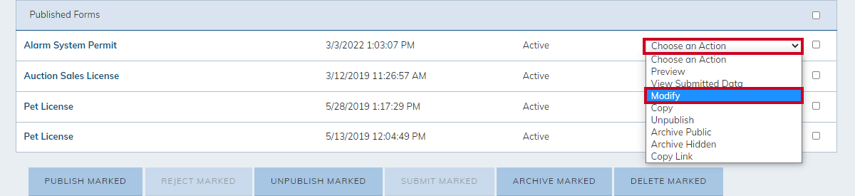 choose an action drop-down menu, modify