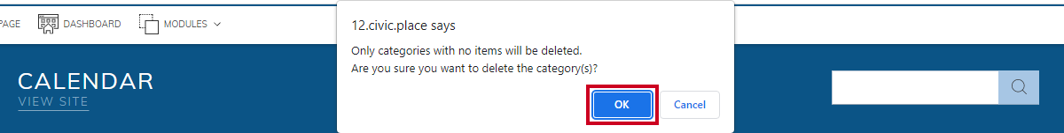 confirm deletion pop-up, okay button