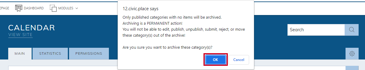Confirm archiving pop-up, okay button.