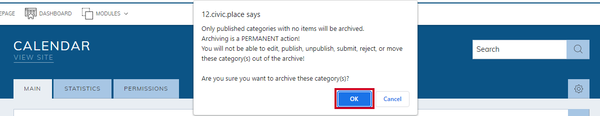 confirm archiving pop-up, okay button